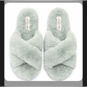 Jessica Simpson Cozy Cross-Band Faux Fur Slipper - Sage Green